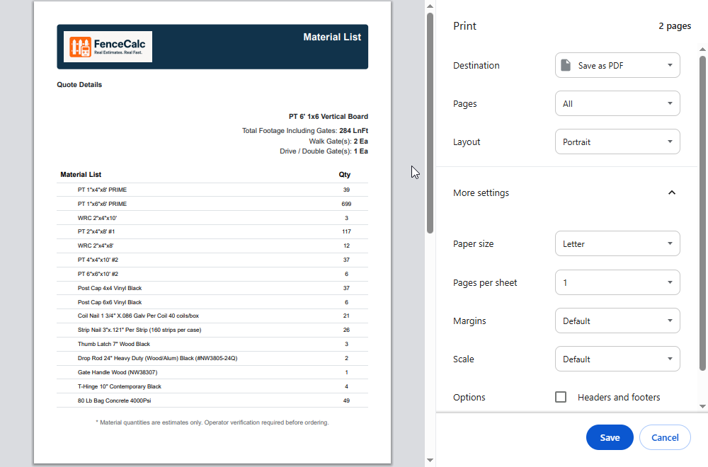 Material Estimate Output